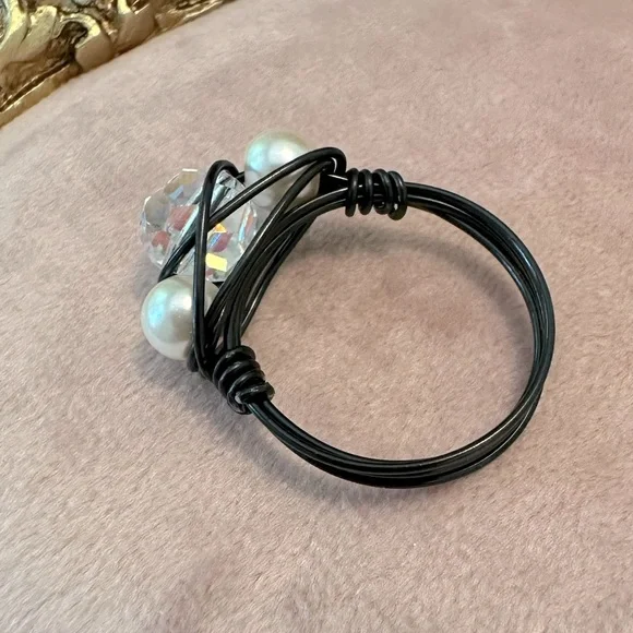 Handmade Sparkling Wire Wrapped Ring Black Glass AB Pearls Metal Hand Done - Picture 4 of 5